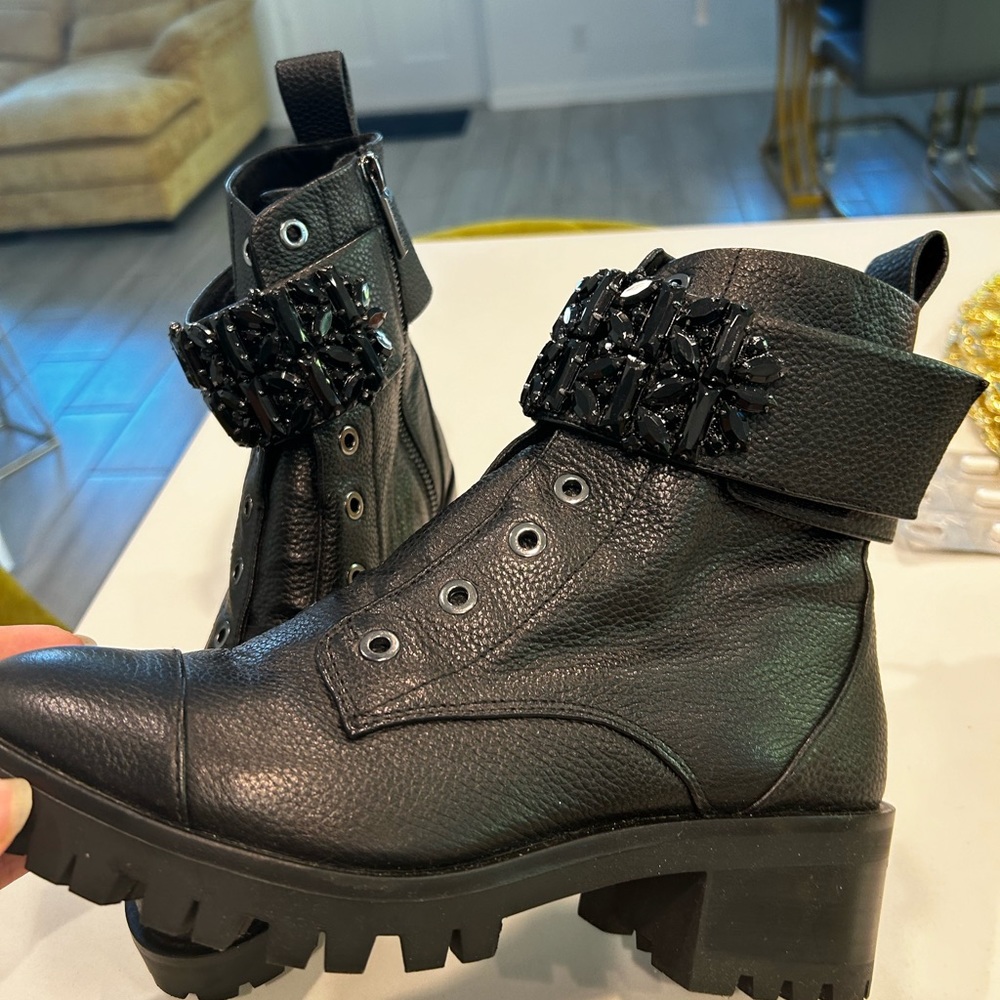 KARL LAGERFELD PARIS PIPPA JEWELED STRAP LEATHER LUG BOOTS